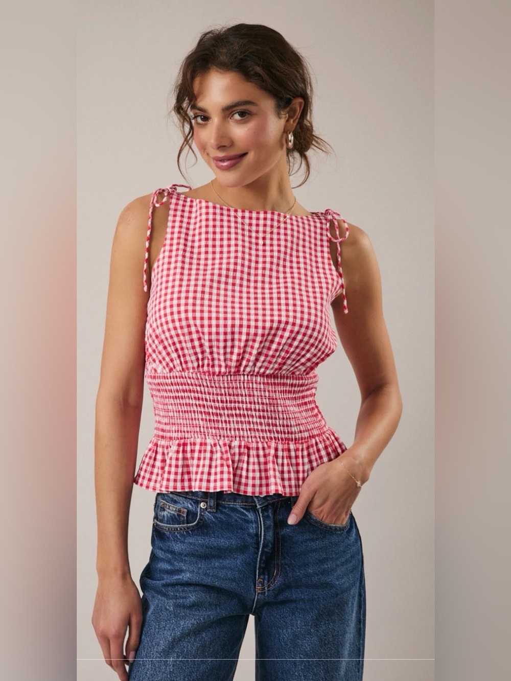289 Red Gingham Tie-Shoulder Smocked Peplum Top